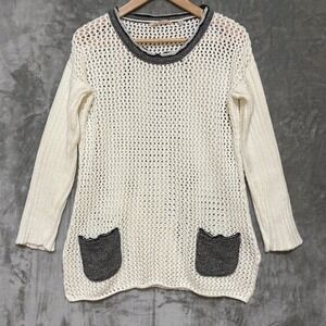 Soft Surroundings Crochet Knit Sweater Women Medium Cream Gray Pocket Tunic Boho